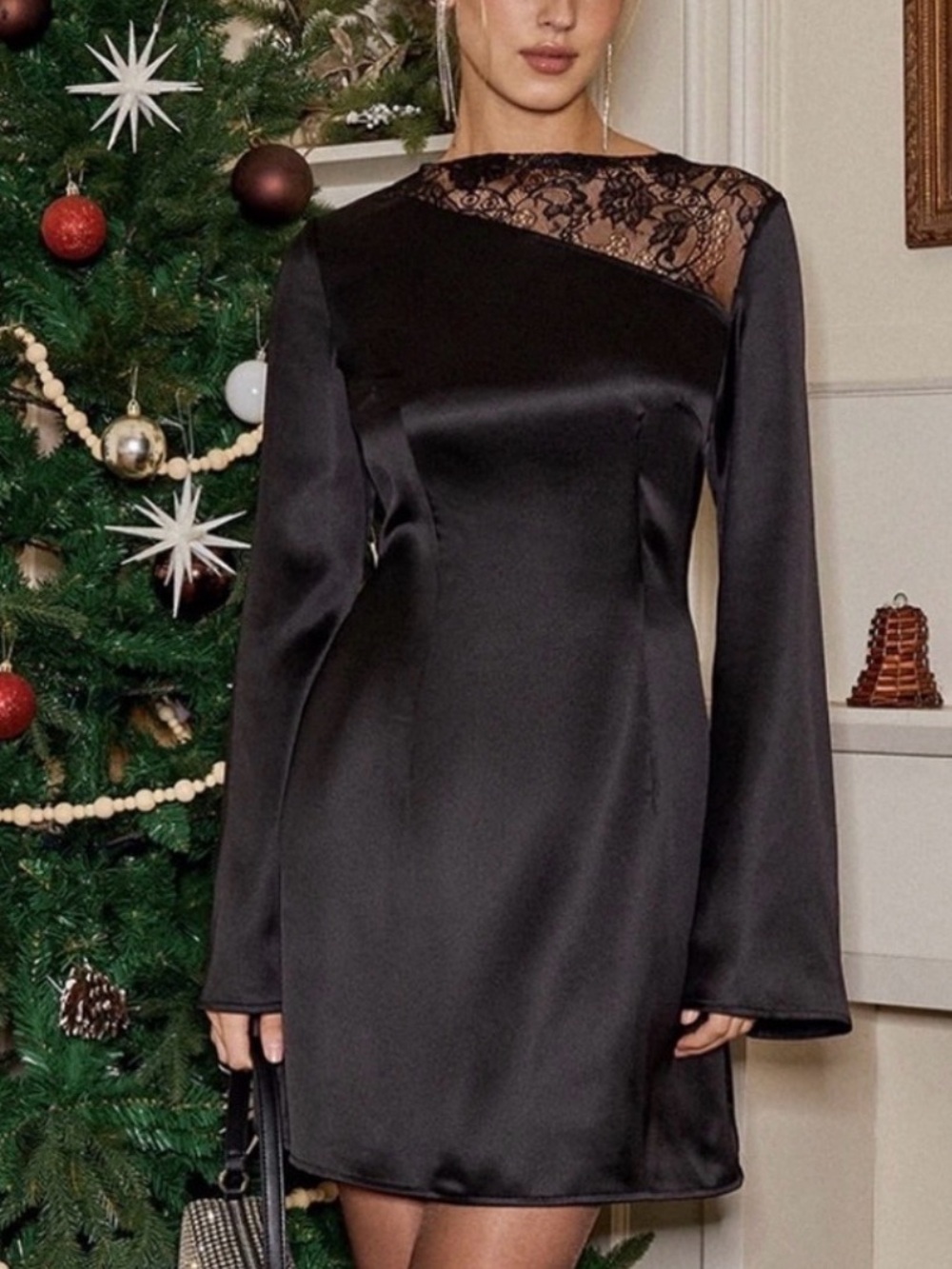 Commense Black Satin Lace Yoke Long Sleeve Mini Dress